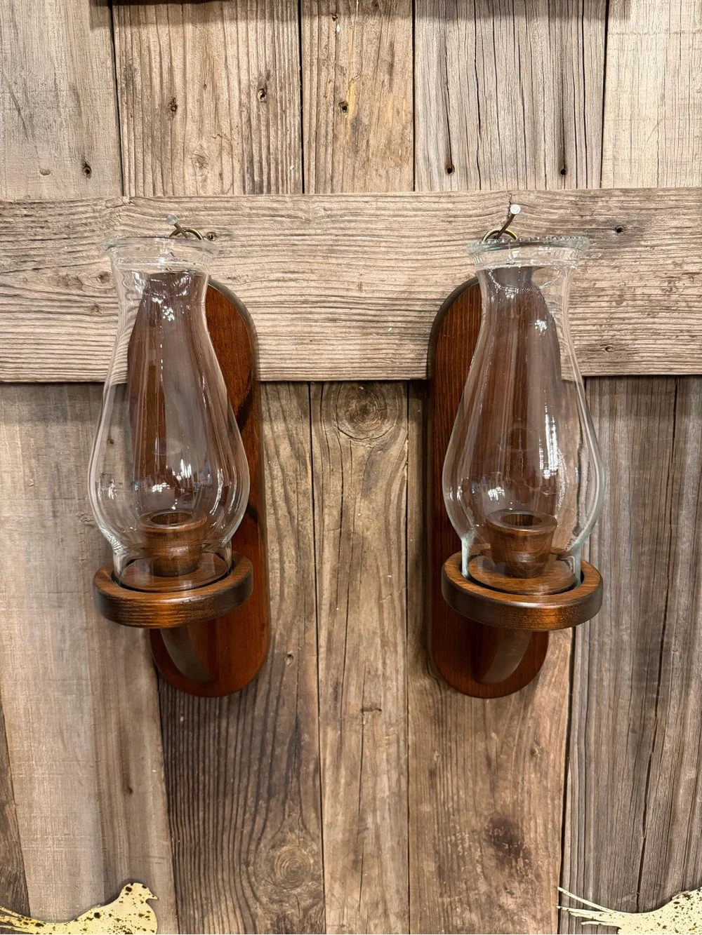 Pair of Vintage BOHO Farmhouse Wooden Wall Taper Candle Sconces
